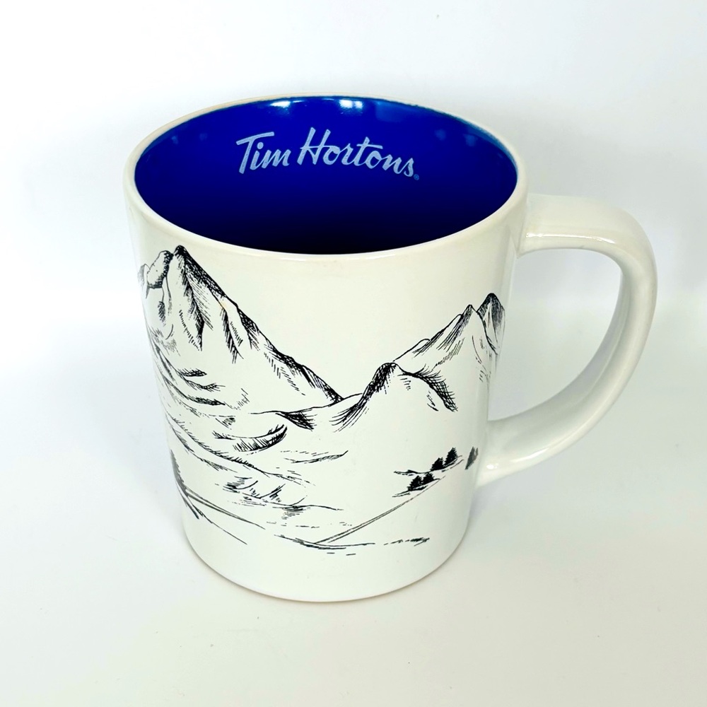 Tim Hortons 2018 Skis Mountains Pine Trees Coffee Mug 14oz Canada, Blue Interior